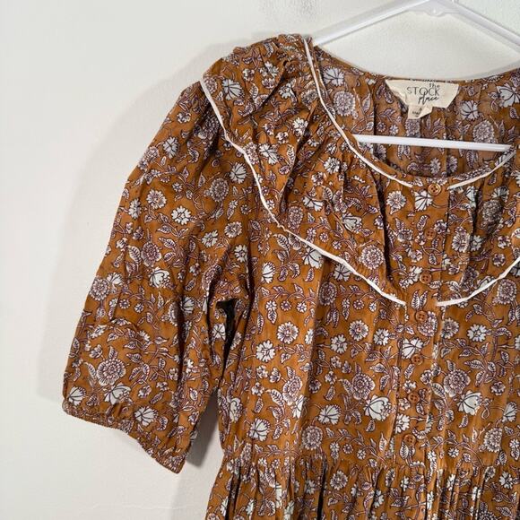 Stockplace The Label Amber Glow Brown Floral Ruffle Puff Sleeve Midi Dress Small - Picture 6 of 15